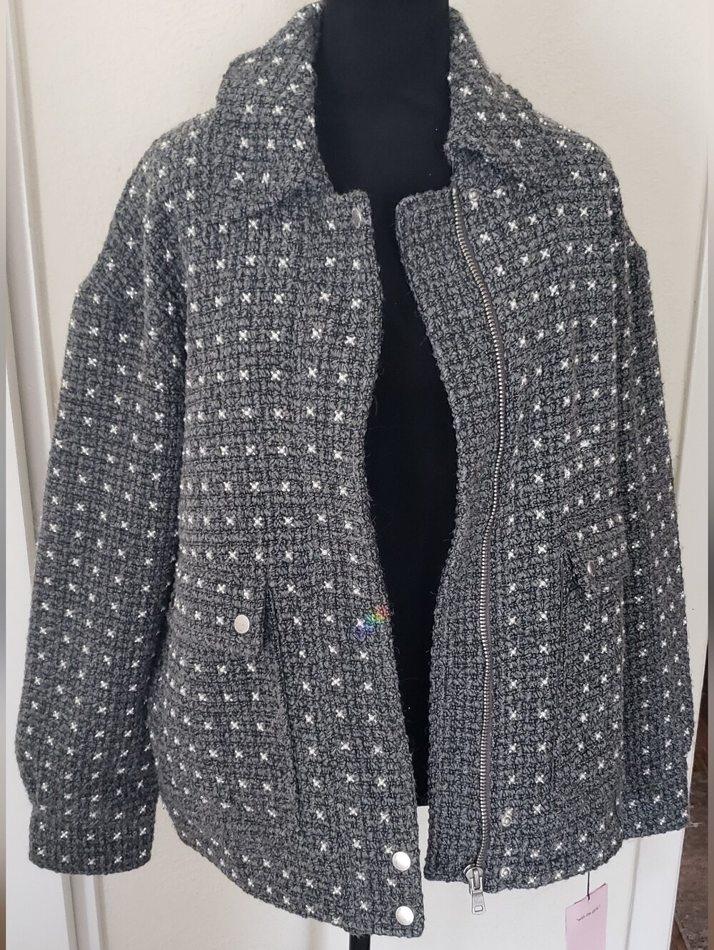 Avec Les Filles Gray Tweed Zip Jacket with Metallic Thread And Pearl Detail
